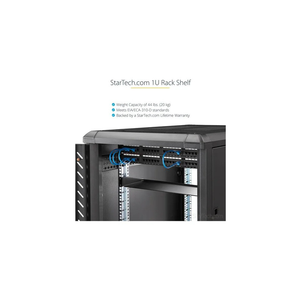 StarTech CABSHELF1U10 1U Server Rack Cabinet Shelf - Fixed 10" Deep Cantilever Rackmount Tray for 19" Data/AV/Network Enclosure w/cage nuts, screws - Steel - 20.05 kg Static/Stationary Weight Capacity - Image 9