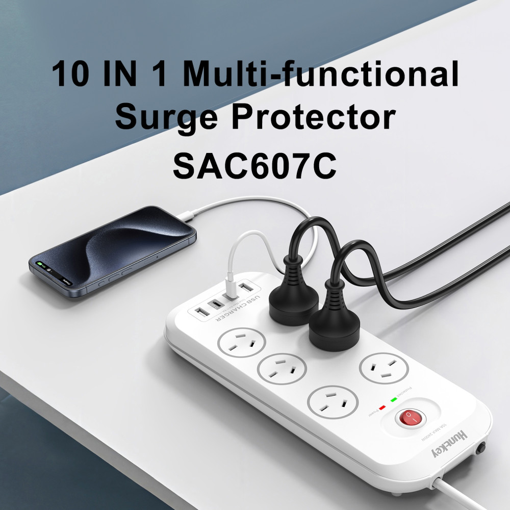 Huntkey PSUHUNSAC607C SAC607C 6 Outlets Surge Protector Powerboard with 2x USB-A & 2x USB-C - Image 7