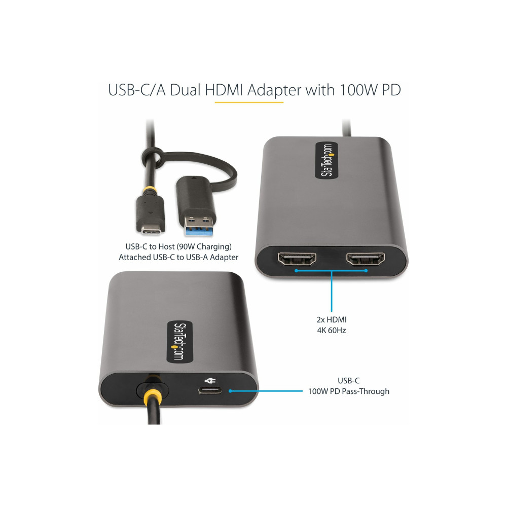 StarTech 109B-USBC-HDMI USB-C TO DUAL-HDMI ADAPTER - USB-C OR A TO 2X HDMI - 4K 60HZ - 100W POWER DEL - Image 2