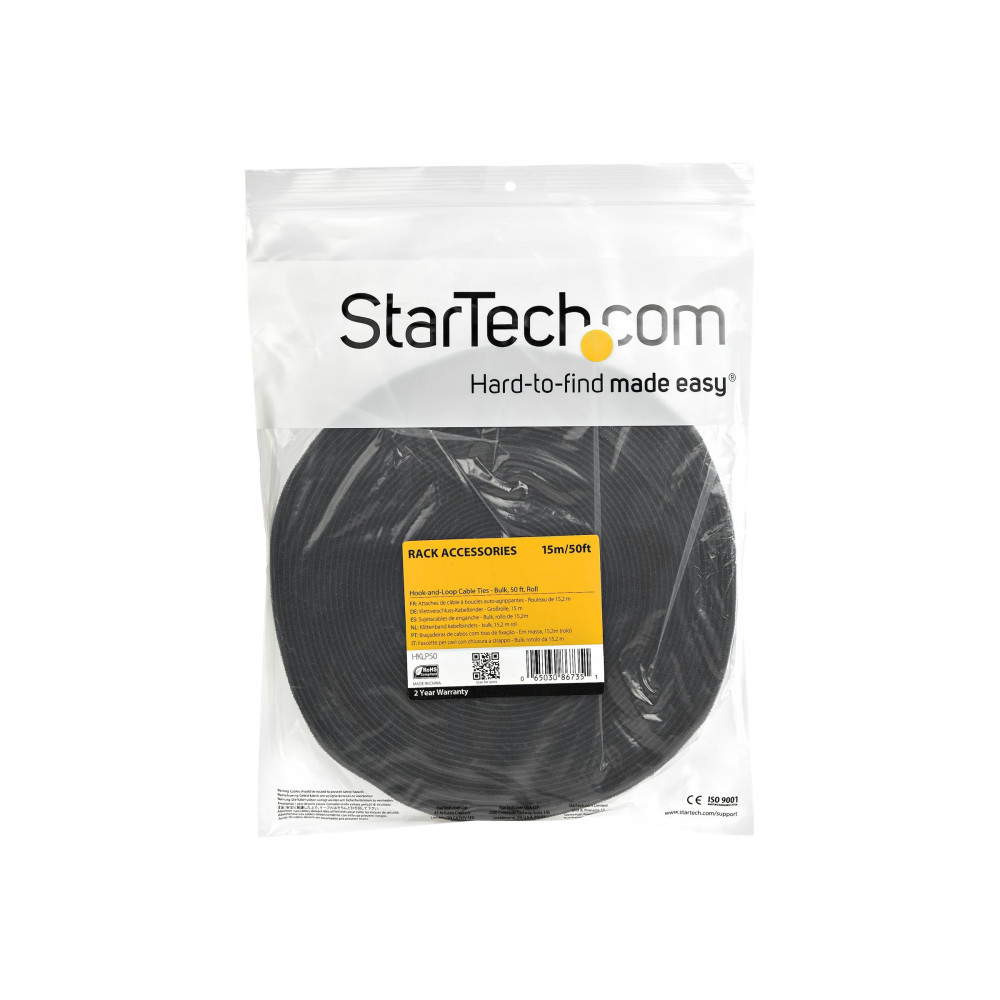 StarTech HKLP50 50FT (15.2M) HOOK AND LOOP ROLL, BLACK, CUT-TO-SIZE REUSABLE CABLE TIES, BULK - Image 1
