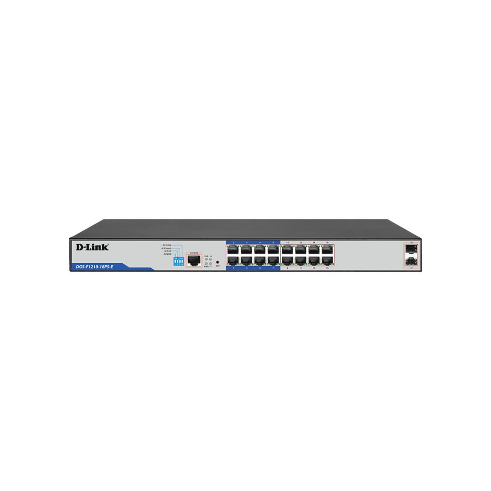 D-Link DGS-F1210-18PS-E 18P GIGABIT SMART MANAGED POE+ SWITCH WITH 16 POE+ PORTS (135W) AND 2 SFP PORTS - Image 1
