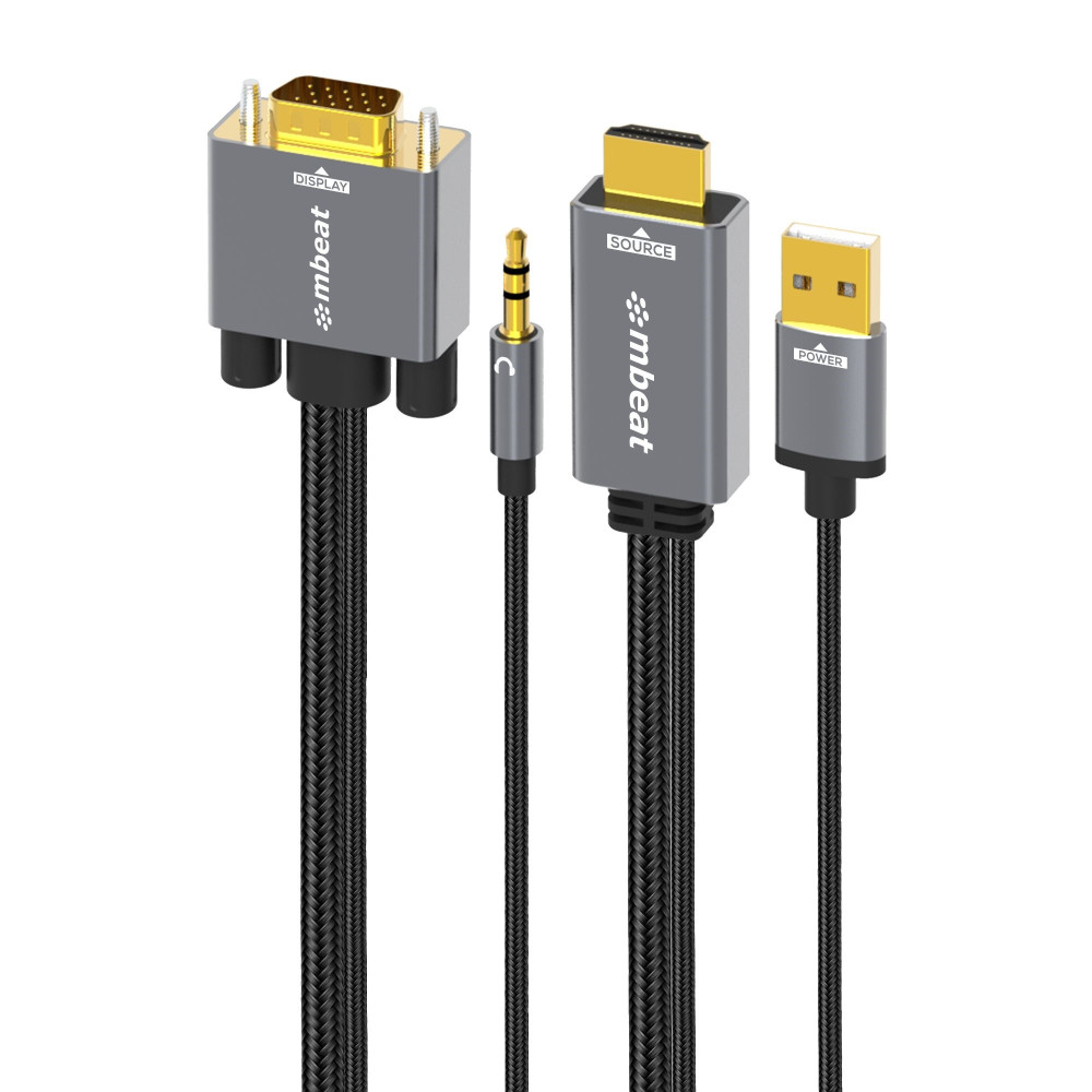 MBEAT MB-XCB-HDVGAUX18 Tough Link 1.8m HDMI to VGA Cable with USB Power & 3.5mm Audio Up to 1080p@60Hz (1920×1080) HDMI (Male)×1; USB-A (Connect to Power)×1 - Image 1