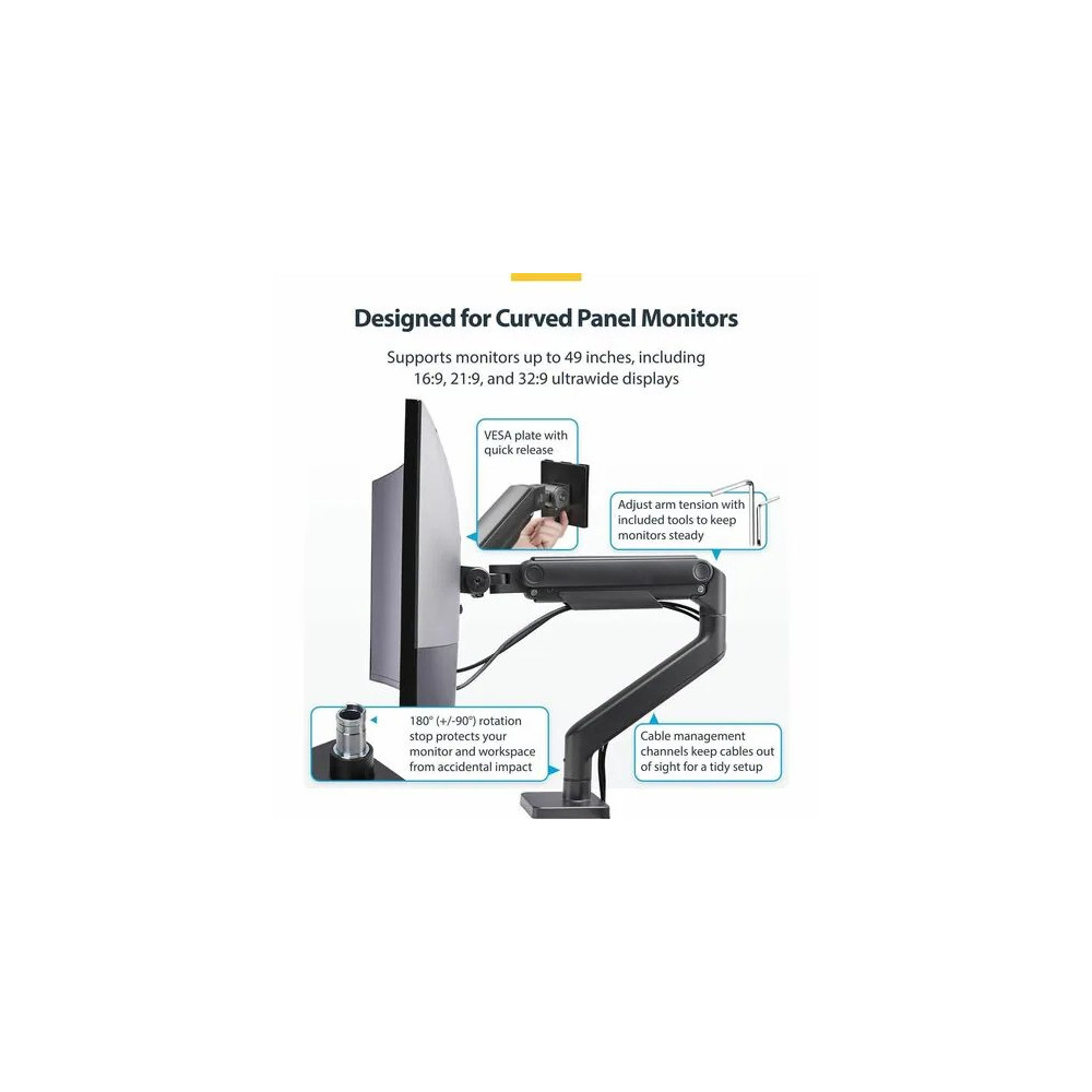 StarTech H1M1AG1-MONITOR-ARM Monitor Desk Mount for up to 49in 32:9 Ultrawide Curved Screen, Mechanical Spring Arm, C-Clamp/Grommet, Max Weight 44lb/20kg - Monitor Desk Mount for up to 49in 32:9 ultrawide curved screens - VESA 75x75/100x100 - Me - Image 6