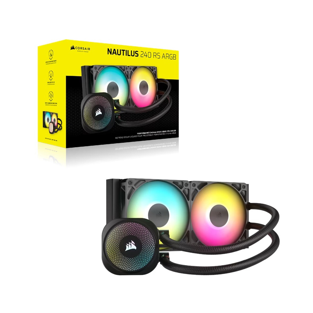 Corsair CW-9060092-WW NAUTILUS 240 RS ARGB Liquid CPU Cooler - Black 240mm Rad, 2x PWM fans, RGB, Copper Cold Plate, 400mm Tubing, Intel & AMD Support - Image 1