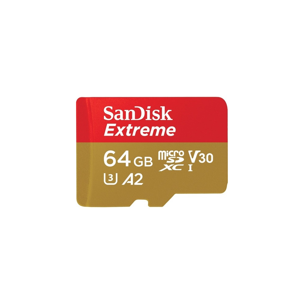 Sandisk SDSQXAH-064G-GN6AA Extreme microSDXC, SQXAH 64GB, V30, U3, C10, A2, UHS-I, 170MB/s R, 80MB/s W, 4x6, SD adaptor, Lifetime Limited, Action Cam/Drone SKU - Image 1