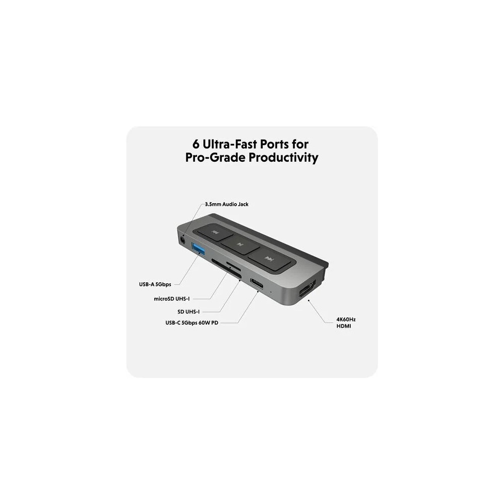 Targus HD449 HyperDrive 6 Port(s) USB Type C Docking Station for iPad, Monitor, Headphone - Memory Card Reader - SD - 60 W Power Supply - Silver - 4K @ 60Hz - 3840 x 2160 - 2 x USB Ports - 1 x USB Type-A Ports - USB Type-A - 1 x USB Type-C Port - Image 12