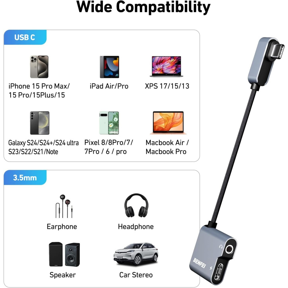 BENFEI 6971785943360 000361GY USB C to Audio Jack Adapter with 60W Fast Charging for iPhone 15 /16, Samsung - Image 8