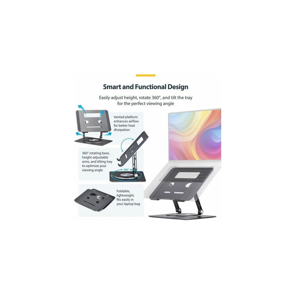 StarTech ATFR-LAPTOP-RISER Rotating Laptop Stand, 360 Swivel, Ergonomic Desk Riser for Computer, Adjustable Height/Tilt, Max 11lb, Aluminum, Portable - Raise a laptop to eye level for improved posture and all-day comfort - Height-adjustable arms - Image 5