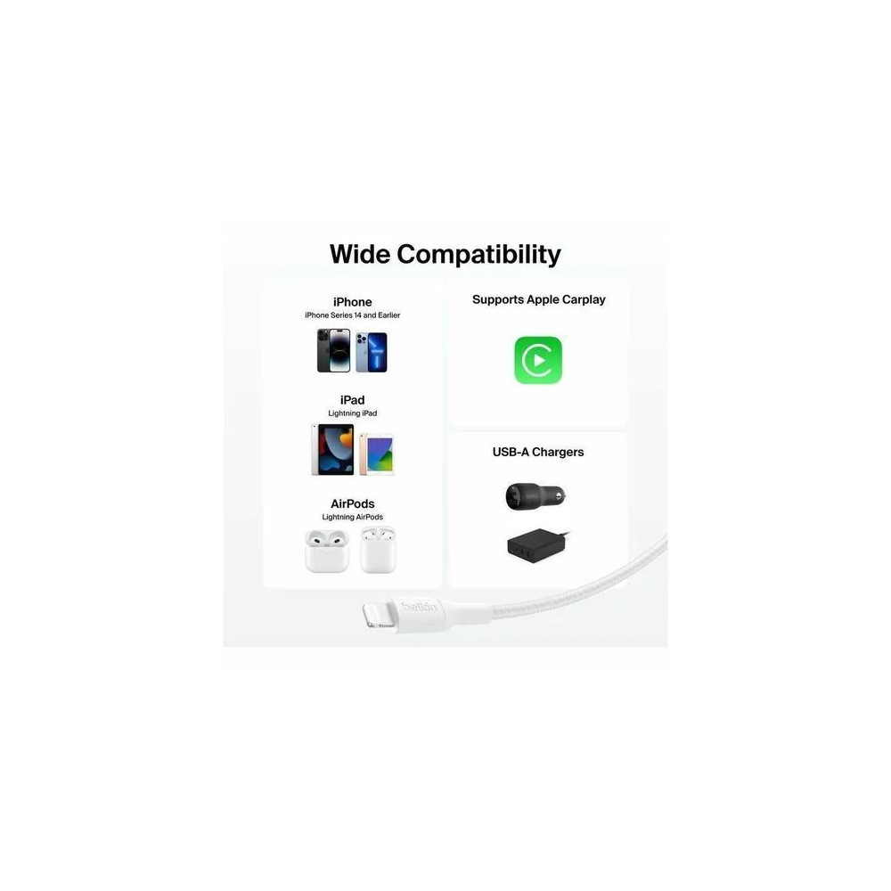 Belkin CAA020FQ2MWH BoostCharge Pro 2 m Lightning/USB Data Transfer Cable - Cable for iPhone, iPad Air, iPad mini, iPad Pro - First End: 1 x USB Type A - Male - Second End: 1 x Lightning - Male - 480 Mbit/s - White - Image 8