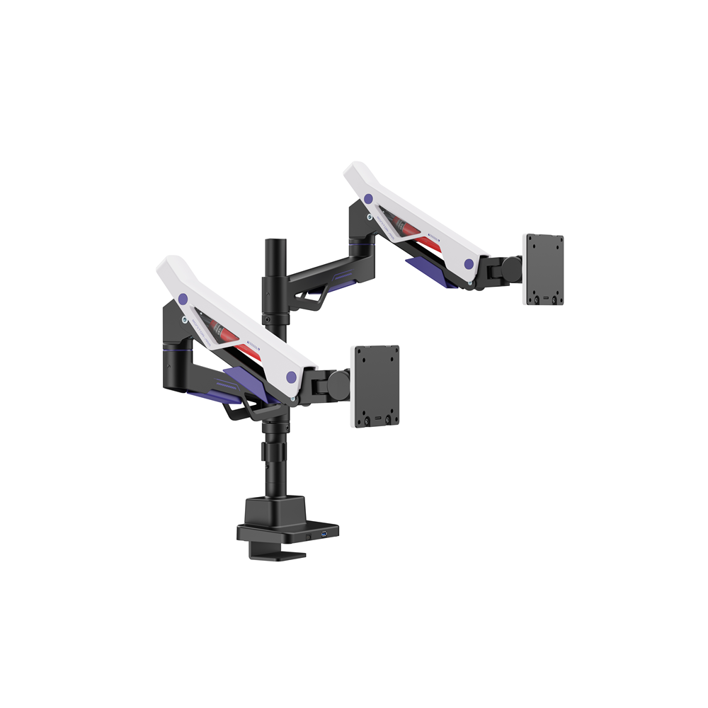 Brateck LDT95-C024UCP-BLKWH LDT95-C024UCP Atlas Neo Gaming Pole-Mounted Dual Monitor Arm with USB-A & USB-C Ports For most 24'~57' Monitors, Matte Black & White - Image 1
