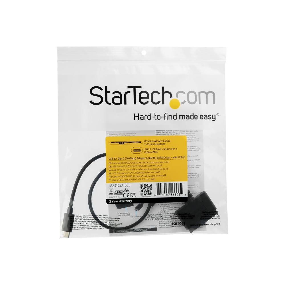 StarTech USB31CSAT3CB USB 3.1 (10GBPS) ADAPTER CABLE FOR 2.5 SATA DRIVES - W/ USB-C 2YR - Image 1