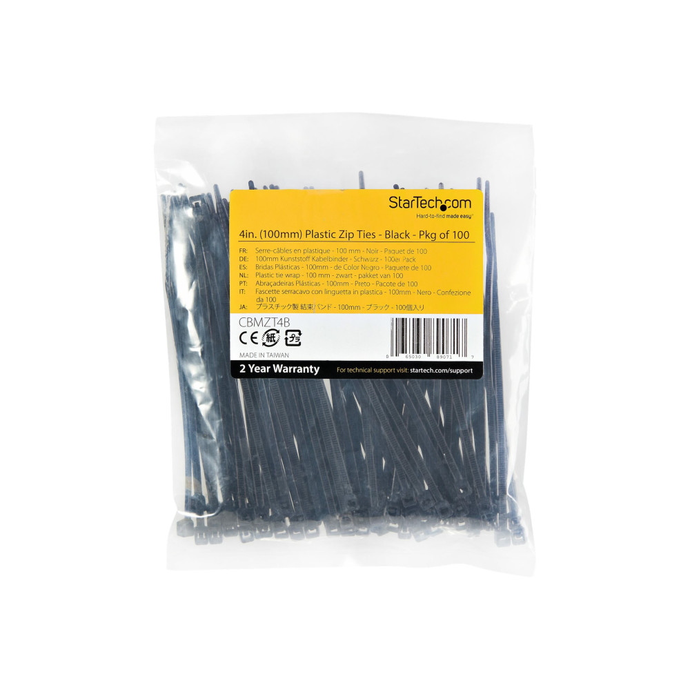 StarTech CBMZT4B 100 Pack 4" Cable Ties - Black Small Nylon/Plastic Zip Ties Adjustable Network Cable Wraps UL TAA - Cable Tie - 99.1 mm Length - Nylon 66