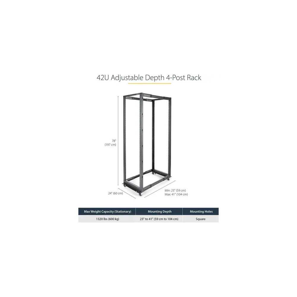 StarTech 4POSTRACK42 4-Post 42U Mobile Open Frame Server Rack, 19" Network Rack with Casters, Rolling Rack for Computer/AV/Data/IT Equipment - Store your servers, network and telecommunications equipment in this adjustable 42U rack - Compatible with HP KV