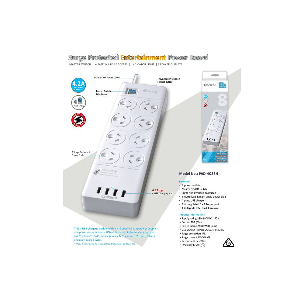 Generic PAD-4088H Sansai 8 Outlets & 4 USB Outlets Surge Protected Powerboard Master On/Off switch 1M lead & Right angle plug 230-240VAC IV Retail box - Image 1
