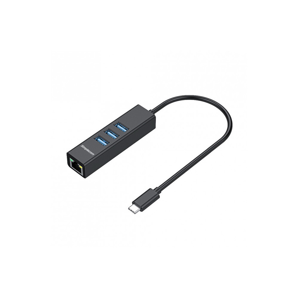 Simplecom CHN421-BLACK CHN421 Black Aluminium USB-C to 3 Port USB HUB with Gigabit Ethernet Adapter - Image 1