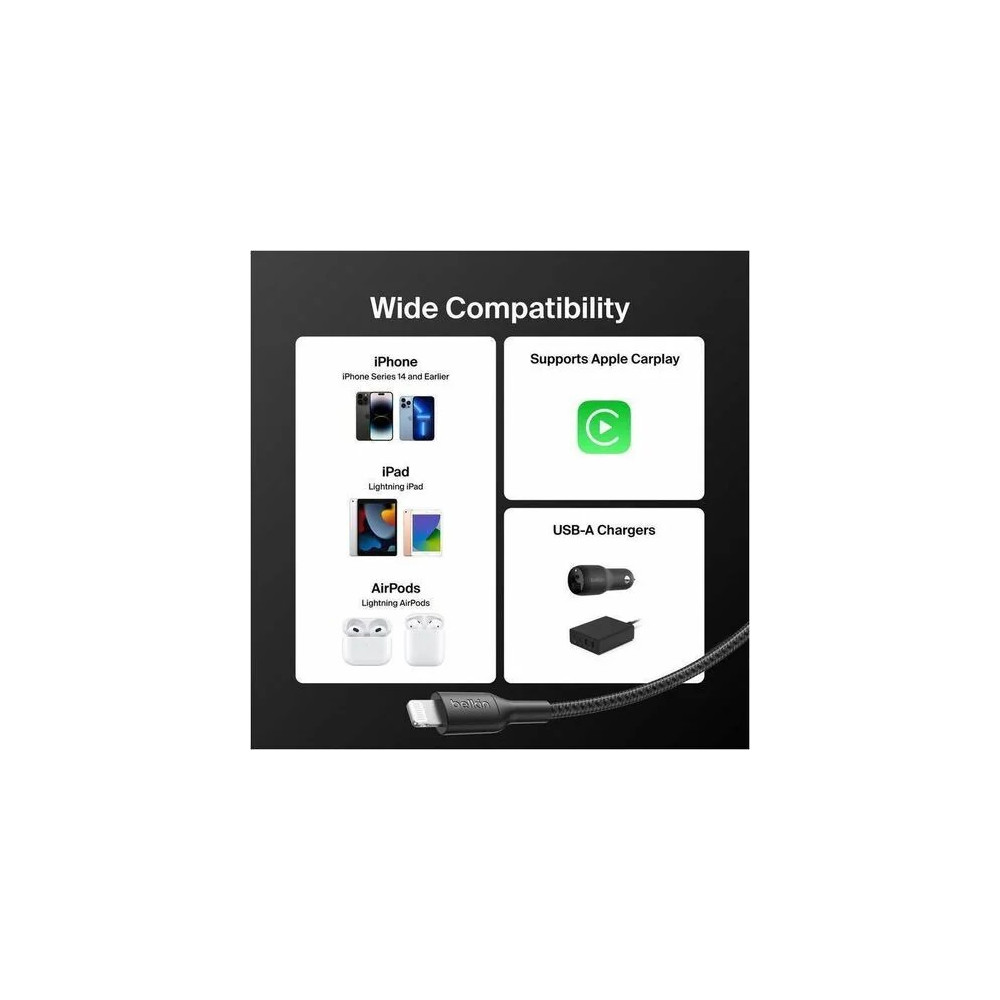 Belkin CAA020FQ2MBK BoostCharge Pro 2 m Lightning/USB Data Transfer Cable - Cable for iPhone, iPad Air, iPad mini, iPad Pro, Charger - First End: 1 x USB Type A - Male - Second End: 1 x Lightning - Male - 480 Mbit/s - MFI - Black - Image 9