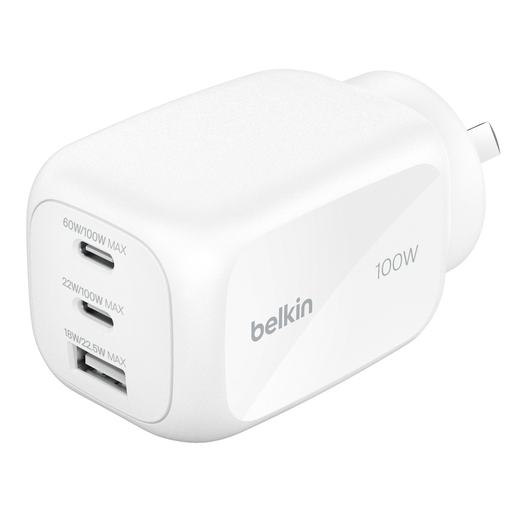 Belkin WCH016AUWH BOOSTCHARGE PRO 3-PORT GAN WALL CHARGER 100W, WHITE - Image 1