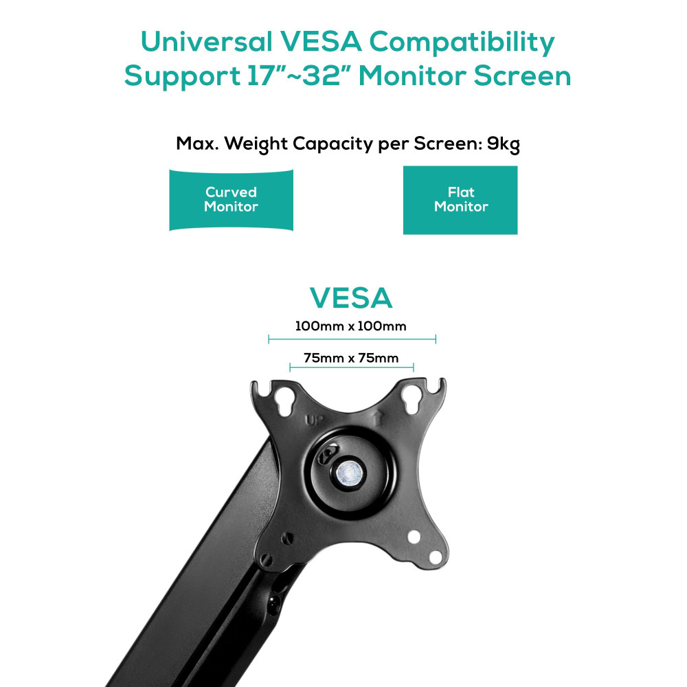MBEAT ACA-MMA-SGC01K activiva ErgoLife Single Monitor Screen Steel Gas Spring Monitor Arm Fit Screen Screen:17” - 32" Two Mounting Options Net Weight11.5kg" - Image 2