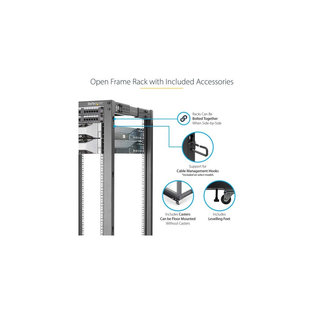 StarTech 4POSTRACK42 4-Post 42U Mobile Open Frame Server Rack, 19" Network Rack with Casters, Rolling Rack for Computer/AV/Data/IT Equipment - Store your servers, network and telecommunications equipment in this adjustable 42U rack - Compatible with HP KV