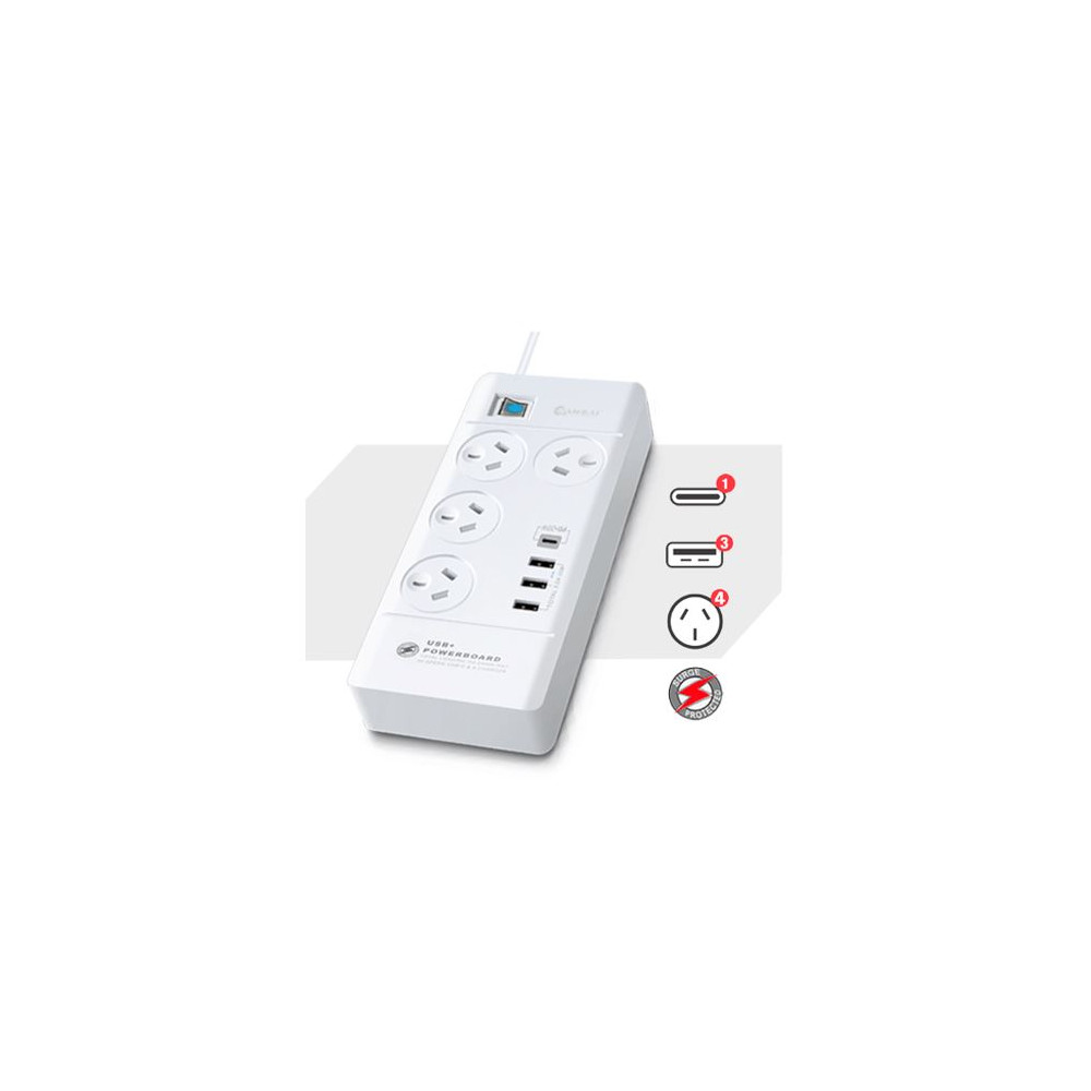Generic PAD-8044 Sansai 4 Outlet 3xUSB-A & 1xUSB-C Powerboard Master On/Off switch Surge and overload protected Fast charging 1M 20W 220-240V 10A IV Retail box - Image 1