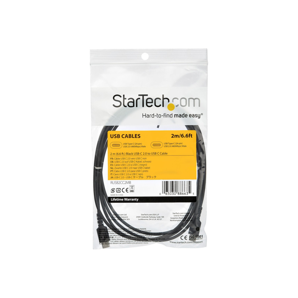StarTech RUSB2CC2MB 2m USB C Charging Cable - Durable Fast Charge & Sync USB 2.0 Type C to C Charger Cord - TPE Jacket Aramid Fiber M/M 60W Black - Cable for Mobile Device, MacBook, iPad Pro - First End: 1 x 24-pin USB 2.0 Type C - Male - Second End: 1 x