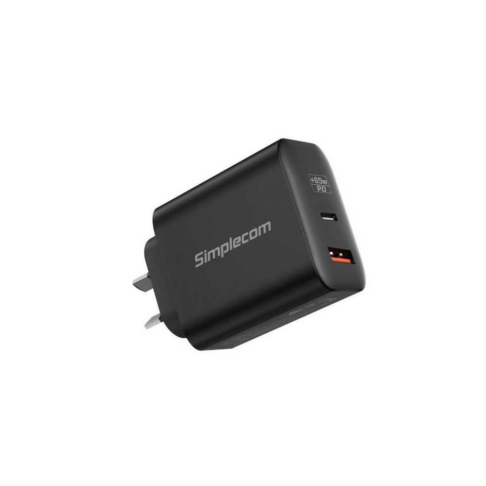 Simplecom CU265 Dual Port PD 65W GaN Fast Wall Charger USB-C + USB-A for Phone Laptop - Image 1
