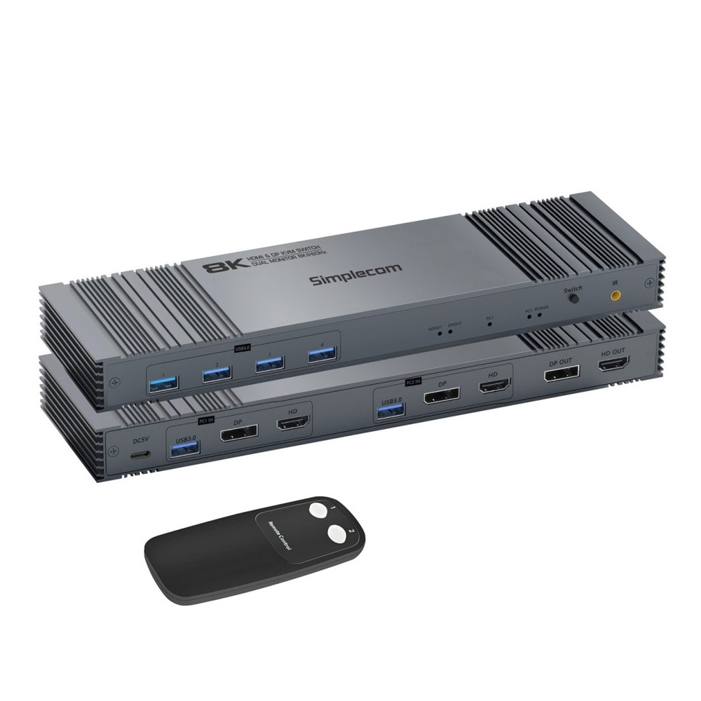 Simplecom KM490 HDMI and DisplayPort Dual Monitor KVM Switch for 2 Computers with 4-Port USB 3.0 Hub 5Gbps 8K@60Hz - Image 1