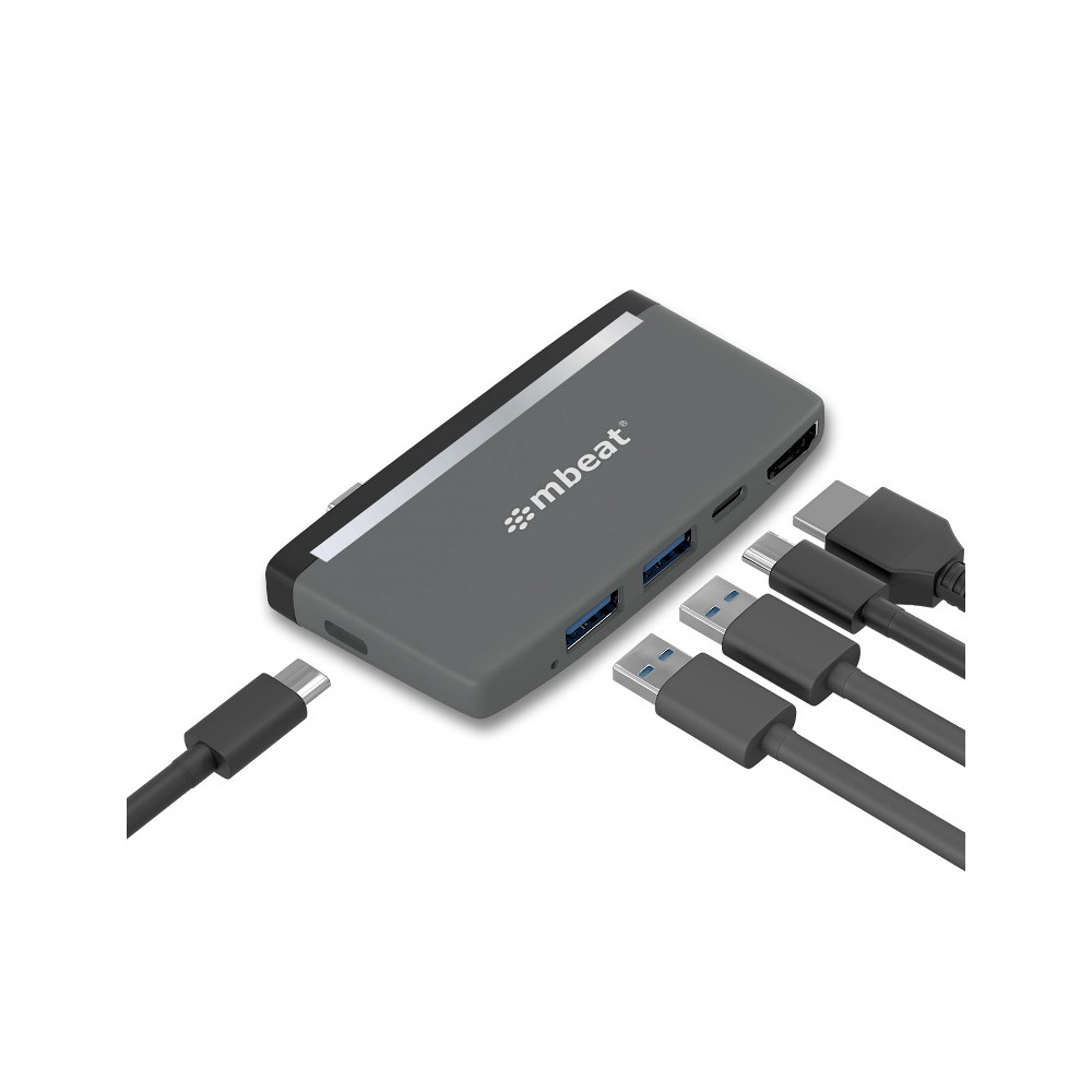 MBEAT MB-UCH-59GRY Essential Pro 5-IN-1 USB- C Hub (4k HDMI Video, USB-C PD Pass Through Charging, USB 3.0 x 2, USB-C x 1) USB 3.0 Speed: Up to 5Gbps (EOL) - Image 1