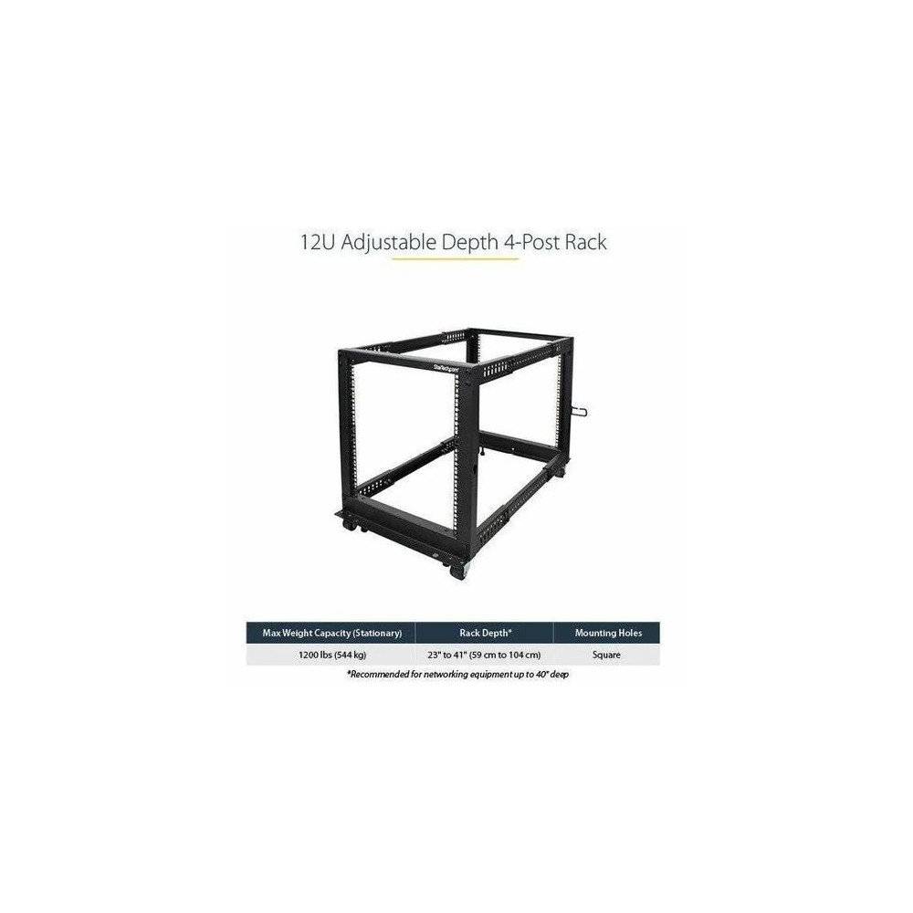 StarTech 4POSTRACK12U 4-Post 12U Mobile Open Frame Server Rack, 19" Network Rack with Casters, Rolling Rack for Computer/AV/Data/IT Equipment - 4-Post 12U open frame server rack for Data/IT equipment - 22-40in (56-101cm) Mounting Depth; 25in (64 - Image 4
