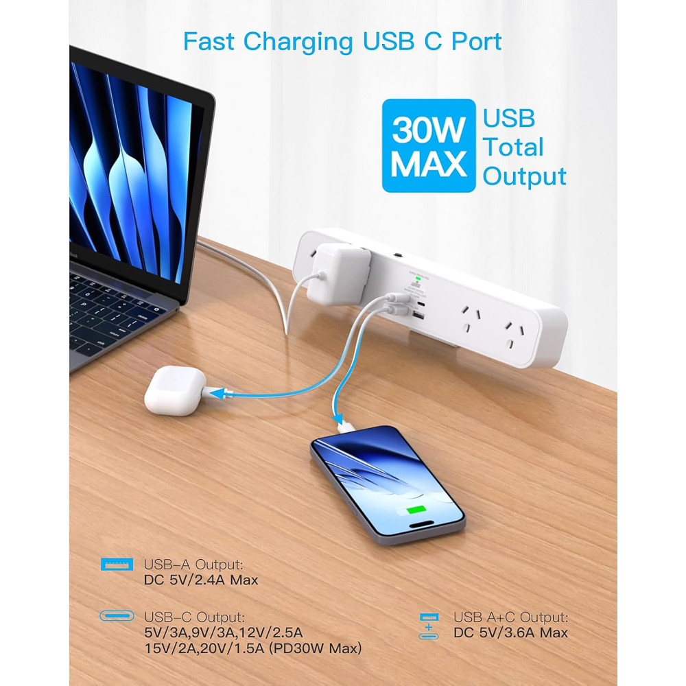 Chosen Brother POWCB48DC PD 30W Desk Clamp Powerboard Fast Charging Station, 4 Outlets with 2 USB-C 2 USB-A, Surge Protected, 1.5M Extension Cord Desktop Mounted - Image 3