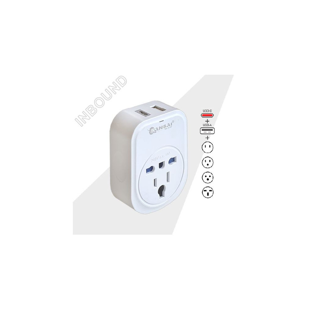 Generic STV-907AC Sansai USB Travel Adaptor USB A + C 2xUSB Charging Outlets 100-240VAC 10A 2400W Compatible with plugs from many countries - Image 1