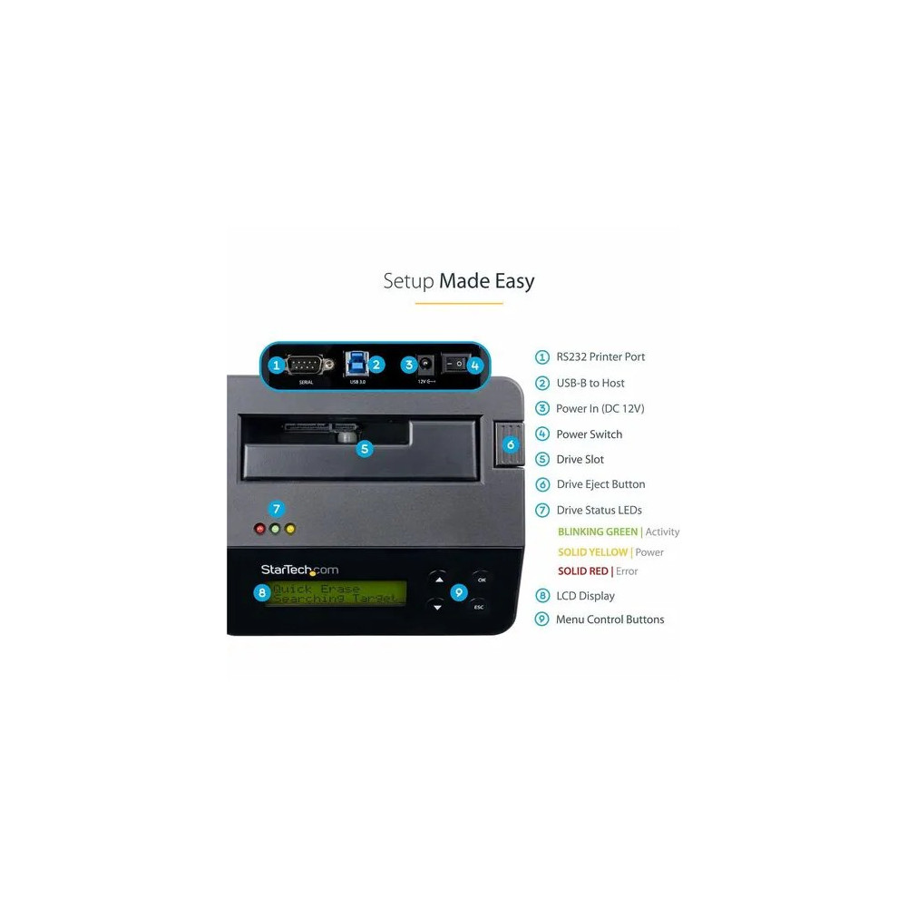 StarTech SDOCK1EU3P SINGLE BAY HARD DRIVE ERASER, STANDALONE HDD/SSD SANITIZER, USB 3.0 TO SATA II (3 - Image 5
