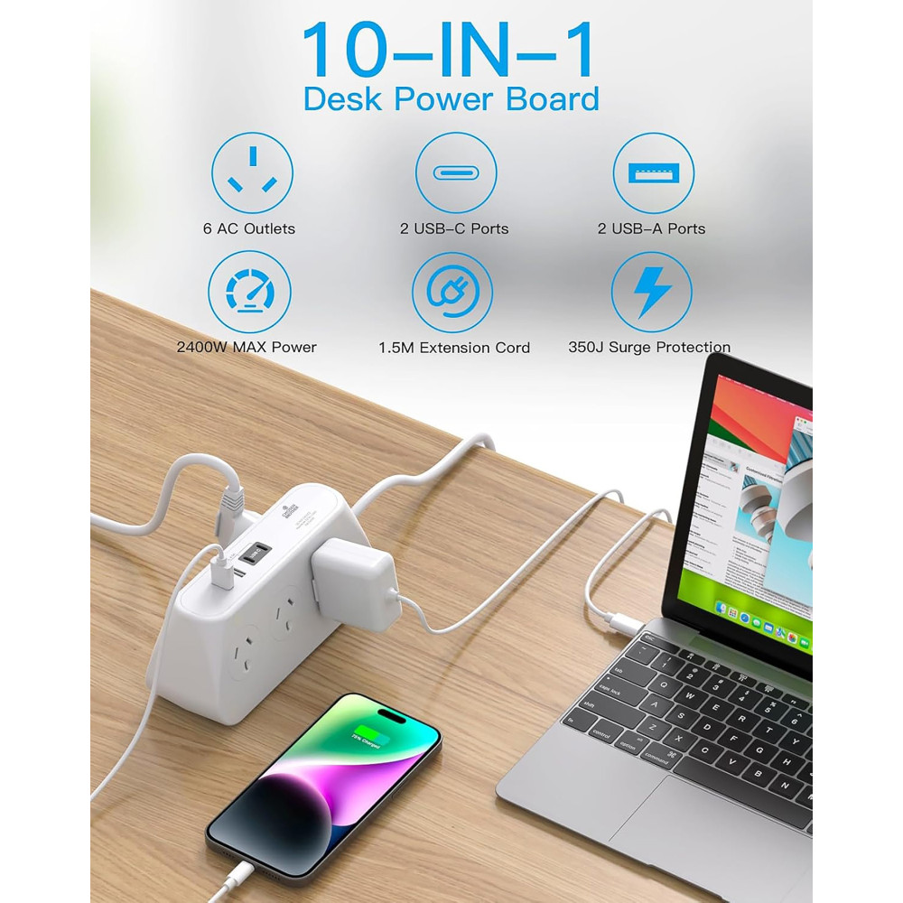 Chosen Brother POWCB622D 6-outlet Powerboard with 2 USB-C 2 USB-A, 350J Surge Protection, 1.5M Extension - Image 6