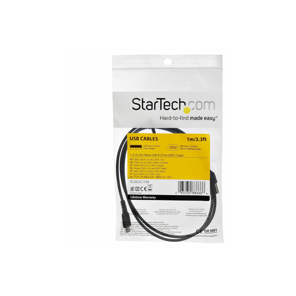 StarTech RUSB2CC1MB 1M USB-C 2.0 CABLE, DURABLE, 60W PASSTHROUGH, BLACK, LTW - Image 1