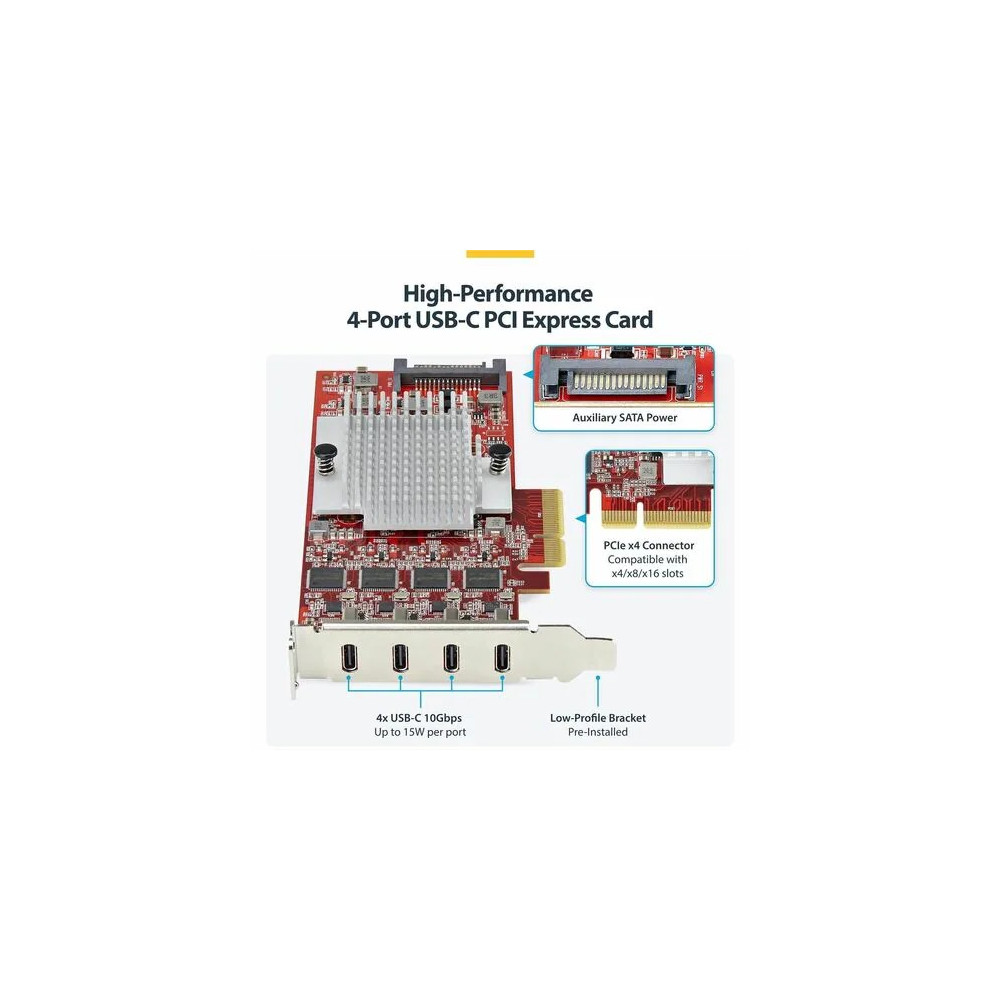 StarTech P10Q4C-USB-CARD-LP USB Adapter - PCI Express x4 - 1.25 GB/s, 640 MB/s, 60 MB/s, 1.50 MB/s, 140.80 kB/s - Desktop, Server, Smartphone - Internal - Red - TAA Compliant - UASP Support - 4 Total USB Port(s)1 SATA Port(s) - PC, Mac - Image 5