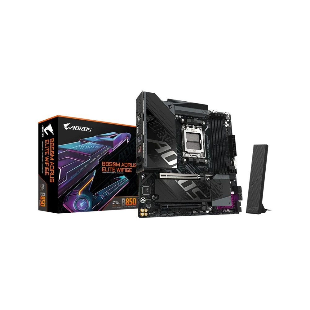 Gigabyte B850M AORUS ELITE WIFI6E B850M A ELT WF6E, AM5 board with B850 chipset, DDR5 256GB, 16x PCIe5, dual M.2, 2.5GbE, Wi-Fi 6E, DP, rich USB SATA, 7.1 audio support - Image 1
