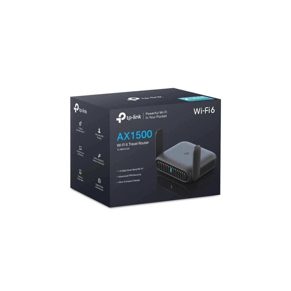 TP-LINK TL-WR1512X AX1500 Wi-Fi 6 Travel Router with AX1500 dual-band, multi-mode (AP/RE/Hotspot), USB tethering, Gigabit ports, and WPA3 security - Image 1