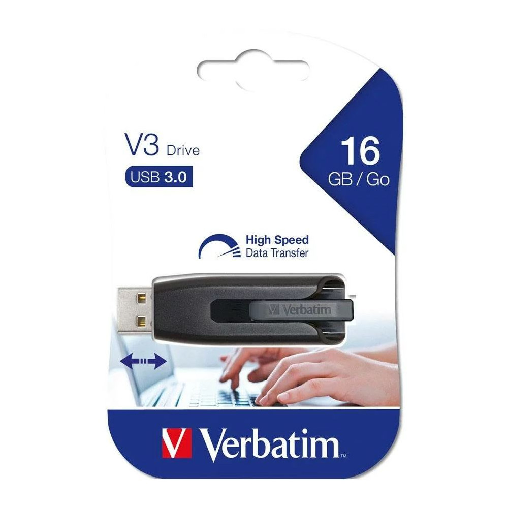 Verbatim 49172 16GB V3 USB3.0 Grey Store'n'Go V3; Retractable USB Storage Drive Memory Stick - Image 1
