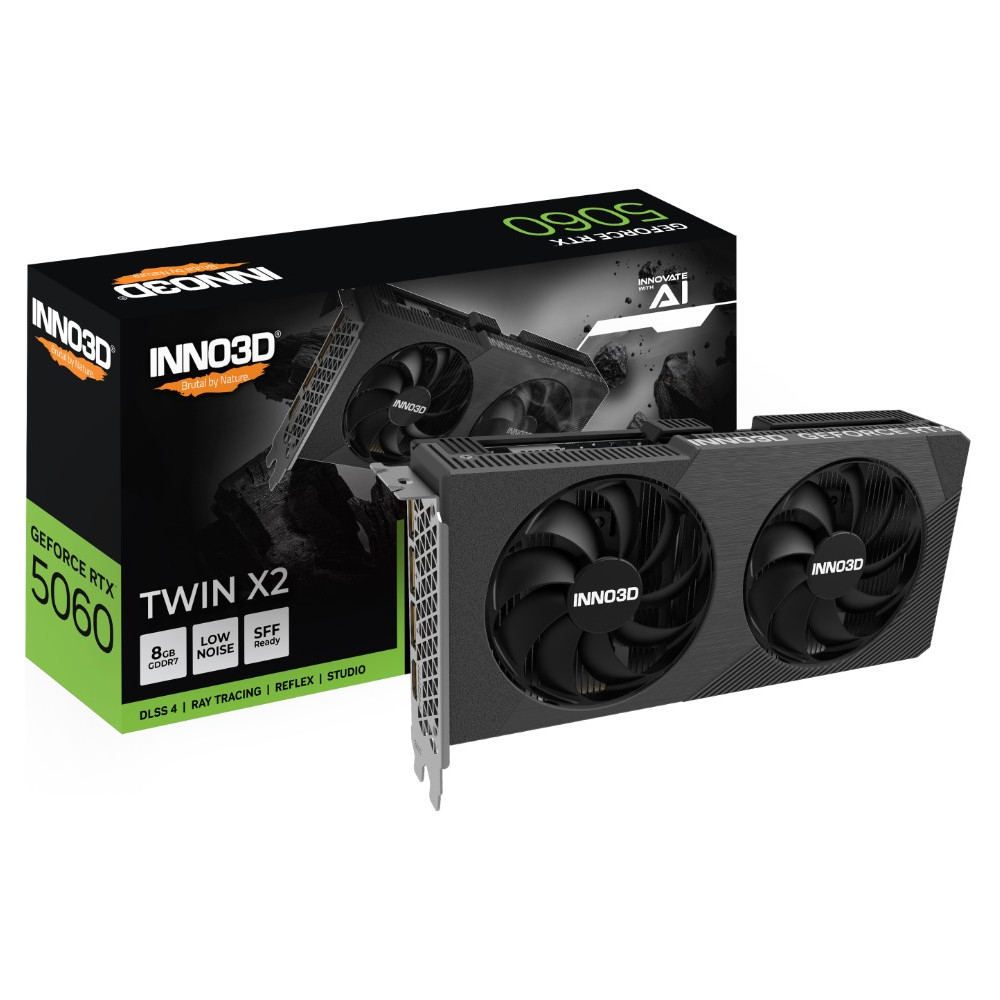 INNO3D N50602-08D7X-195071N nVidia GeForce RTX 5060 TWIN X2 OC V2 8GB GDDR7, 2527MHz Boost Clock, RAM 28Gbps, 3xDP, 1xHDMI 225x116x41mm - Image 1