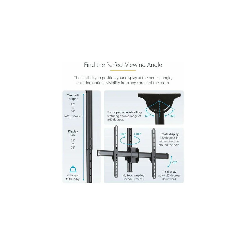 StarTech FLATPNLCEIL TV Ceiling Mount, Full-Motion Hanging Single Screen Vesa Mount for 32"-75" TVs / Displays - Height Adjustable Telescopic Pole - Full motion single TV ceiling mount for VESA displays up to 75" - Adjust. telescopic pole, 3.5'  - Image 5