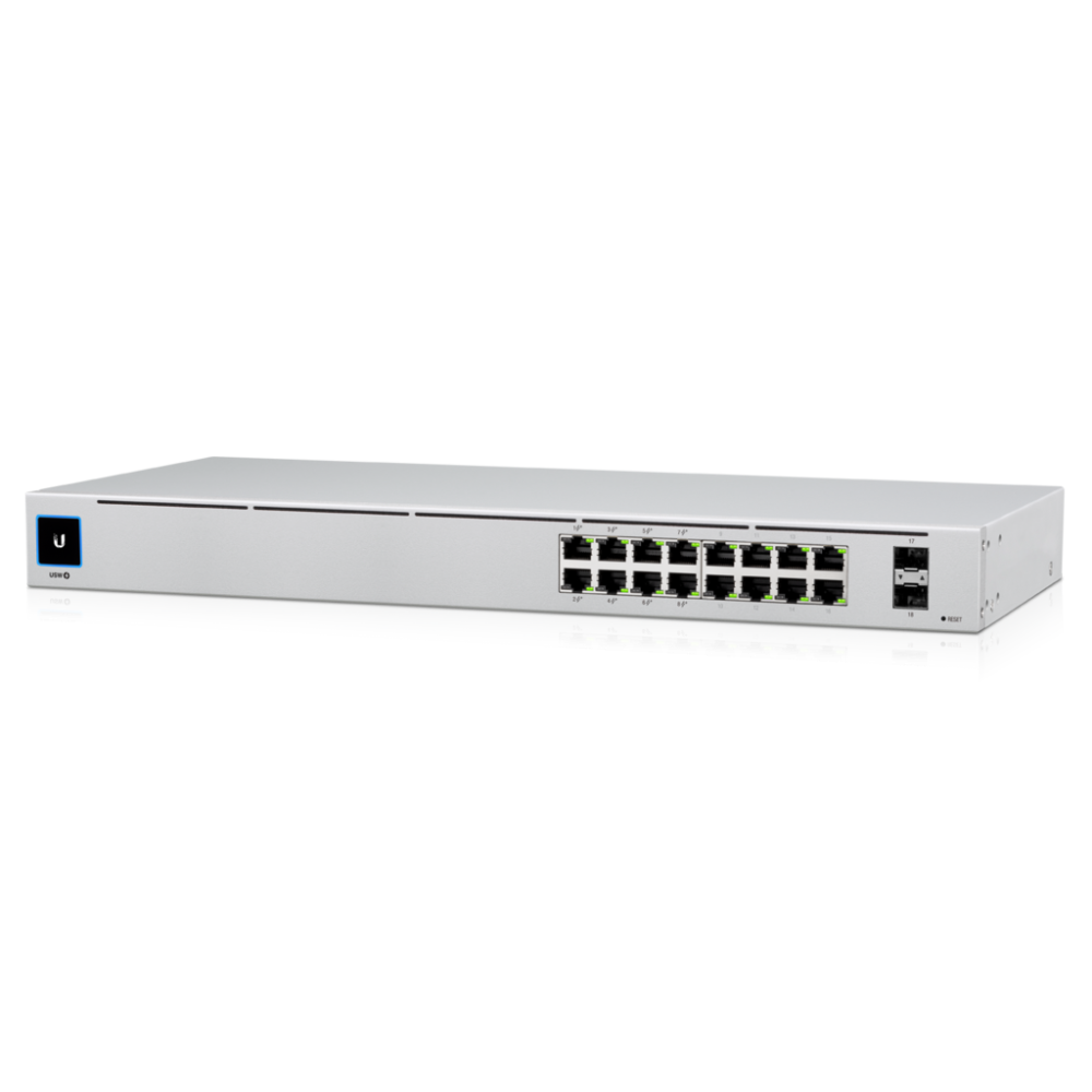 Ubiquiti USW-16-POE UniFi SWITCH 16 POE, 16 (8 PoE+), 2x SFP, 42W, FANLESS, RACK-MOUNT, 1YR - Image 1