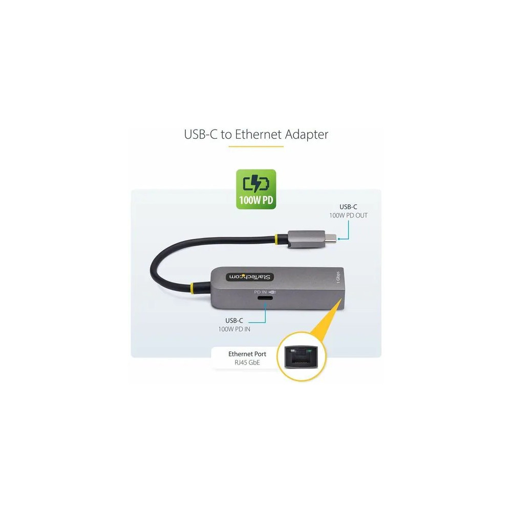 StarTech 1GPD3-USB-C-ETHERNET USB-C to Ethernet Adapter, 100W PD Pass-Through, NIC, USB 3.0 Type-C 1Gbps Multi Speed Network, USB 3.1 RJ45, Windows & Mac - USB-C to Ethernet Adapter securely connects to networks over CAT5e/RJ45/LAN; 100W PD pass - Image 3