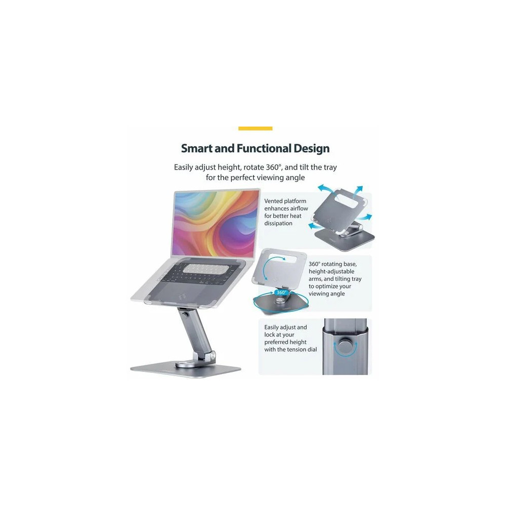 StarTech ATER-LAPTOP-RISER Telescopic Laptop Stand, 360 Swivel Base, Rotating Computer Riser for Desk, Adjustable Height/Tilt, Max 11lb/5kg, Aluminum - Raise a laptop to eye level for improved posture and all-day comfort - Max column extension 4 - Image 5