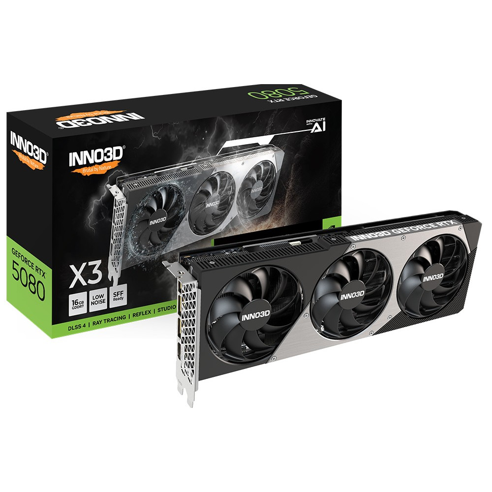 INNO3D N50803-16D7-176068N nVidia GeForce RTX 5080 X3 16GB GDDR7 2617 MHz Boost Clock, RAM 30 Gbps, 3x DP, 1xHDMI 300x116x41mm Dual Slot - Image 1