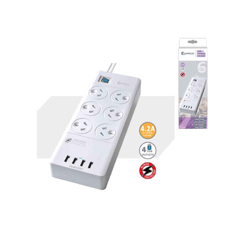 Generic PAD-4066E Sansai 6 Outlets & 4 USB Outlets Surge Protected Powerboard Master On/Off switch Surge and overload protected 230-240VAC IV Retail box - Image 1