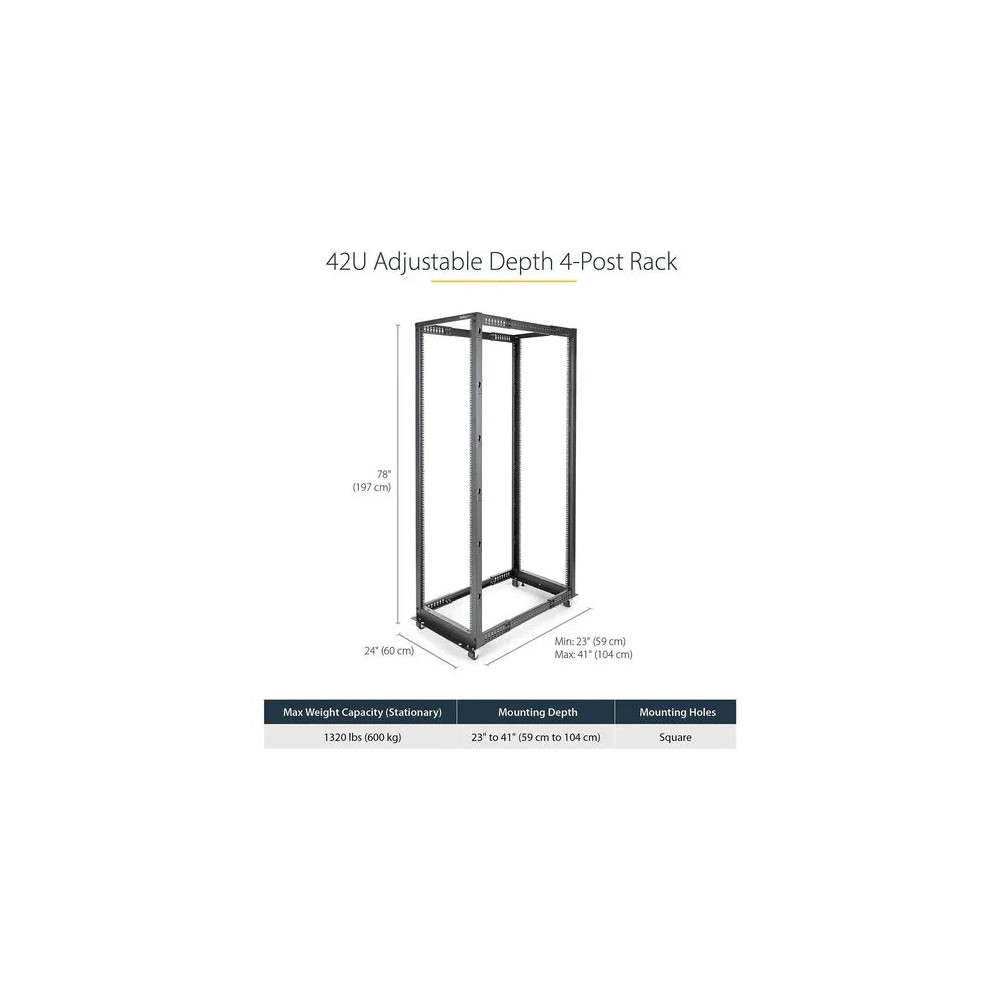 StarTech 4POSTRACK42 4-Post 42U Mobile Open Frame Server Rack, 19" Network Rack with Casters, Rolling Rack for Computer/AV/Data/IT Equipment - Store your servers, network and telecommunications equipment in this adjustable 42U rack - Compatible with HP KV