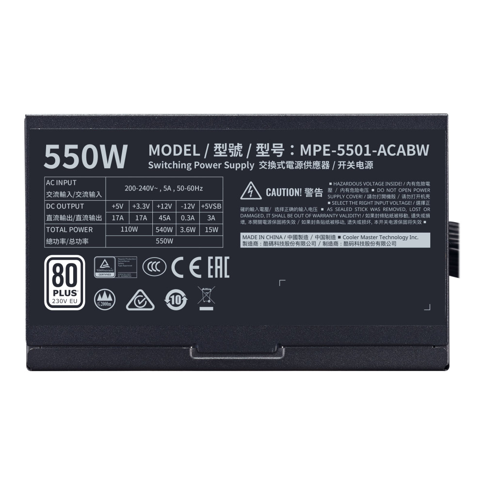 Cooler Master MPE-5501-ACABW-AU MWE 550W 80+ WHITE, ATX, 120MM FAN, BLACK FLAT CABLE, 3YR WTY - Image 5