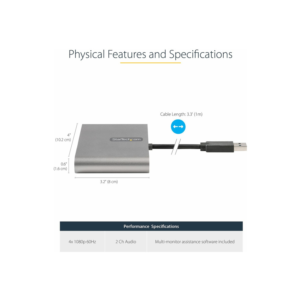 StarTech USB32HD4 USB 3.0 TO 4 HDMI ADAPTER, QUAD MONITOR, EXTERNAL GRAPHICS CARD, 3YR - Image 2