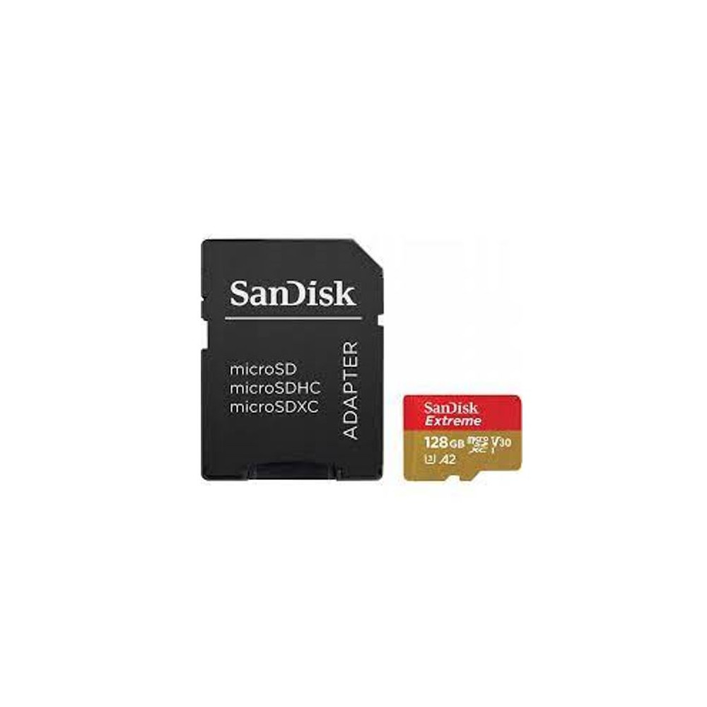 Sandisk SDSQXAA-128G-GN6AA Extreme microSDXC, SQXAA 128GB, V30, U3, C10, A2, UHS-I, 190MB/s R, 90MB/s W, 4x6, SD adaptor, Lifetime Limited, Action Cam (EOL) - Image 1
