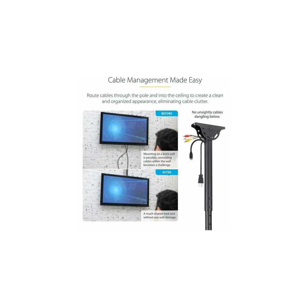 StarTech FPCEILPTBSP TV Ceiling Mount, Full-Motion Hanging Single Screen Vesa Mount for 32"-75" TVs / Displays - Height Adjustable Telescopic Pole - Full motion single TV ceiling mount for VESA displays up to 75" - Adjust. telescopic pole, 1.8'  - Image 4